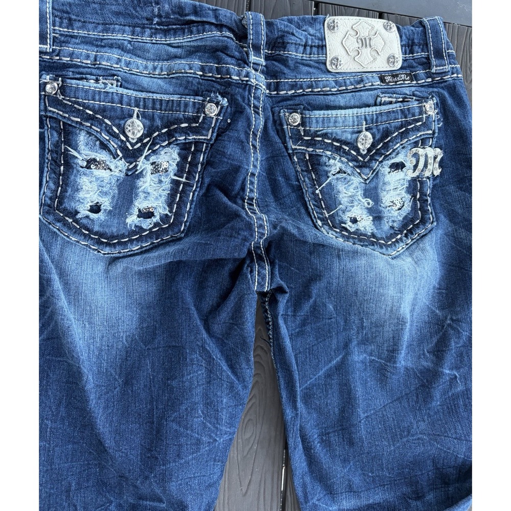 Vtg Y2K Paris Hilton Miss Me Mid Rise Easy Boot Jeans Blu Embroidered Studded 33
